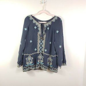 TOLANI black embroidered beaded boho peasant top